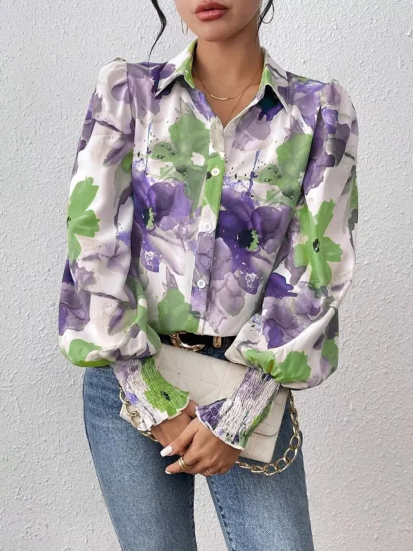 Printed Button Up Lantern Sleeve Shirt sold by Charming Charlie