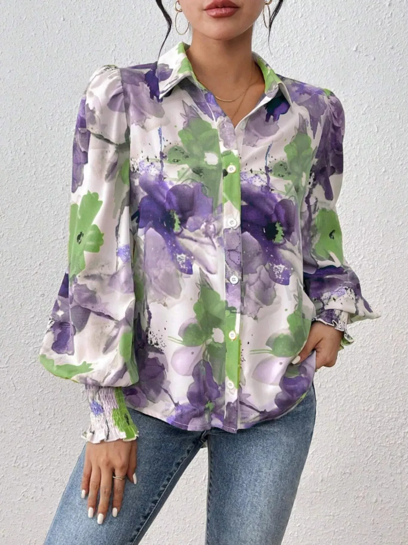 Printed Button Up Lantern Sleeve Shirt sold by Charming Charlie product image thumbnail 2