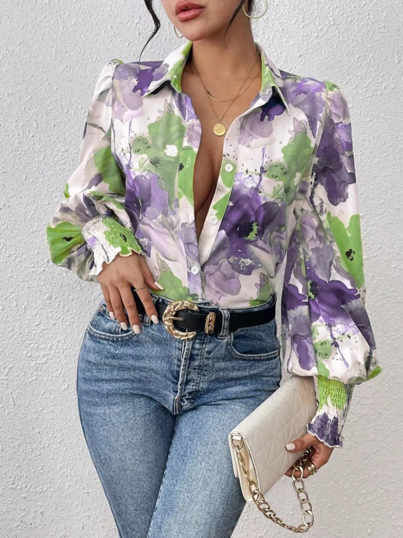 Printed Button Up Lantern Sleeve Shirt sold by Charming Charlie product image thumbnail 3