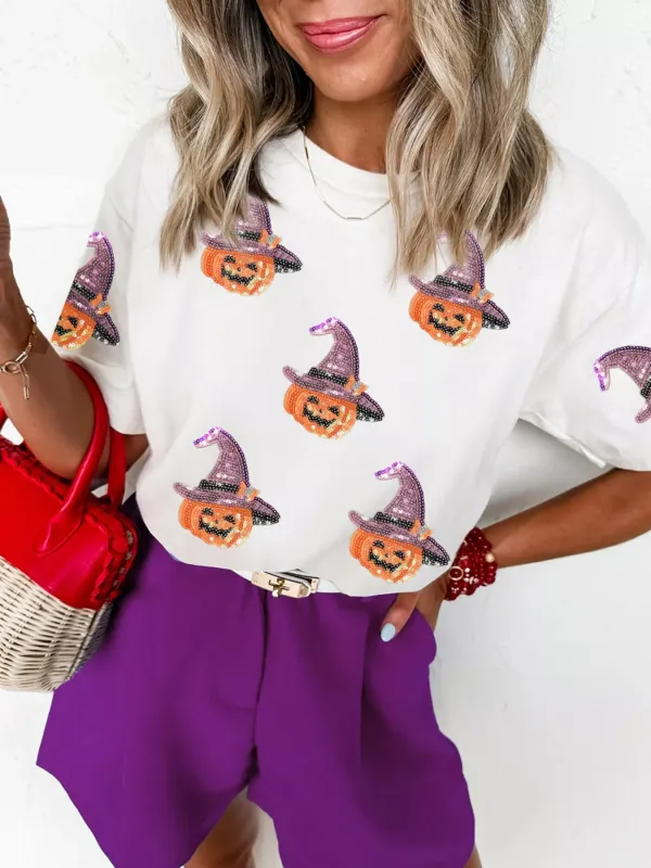 Sequin Pumpkin Witch Halloween Tee sold by Charming Charlie