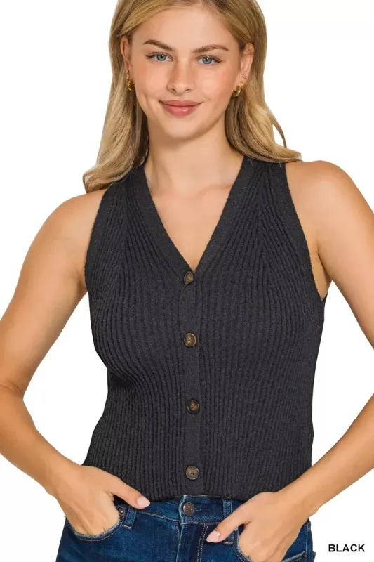 Zenana Ribbed Knit Button-Down Sweater Vest sold by Charming Charlie