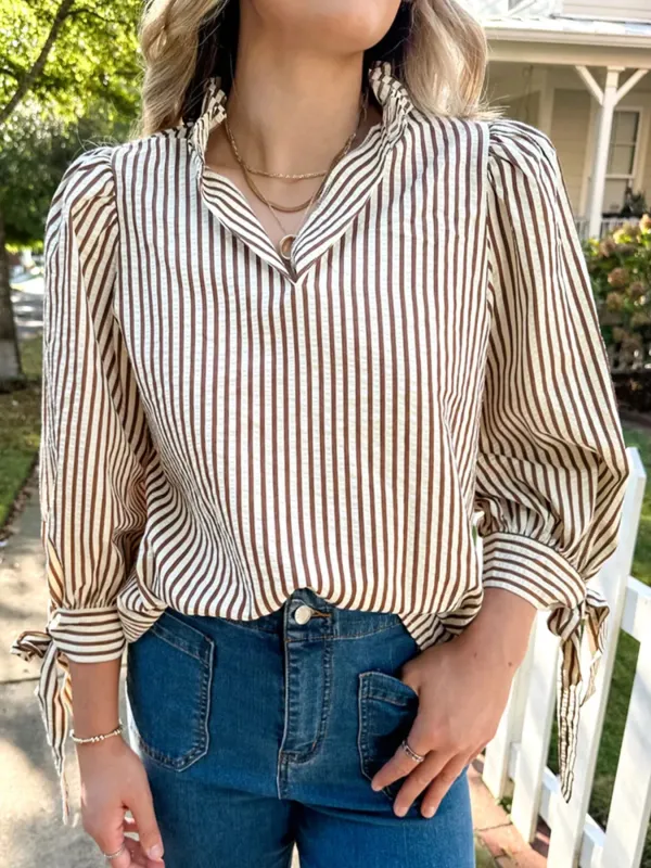 Striped Ruffled Neck Blouse with Tie Sleeves sold by Charming Charlie