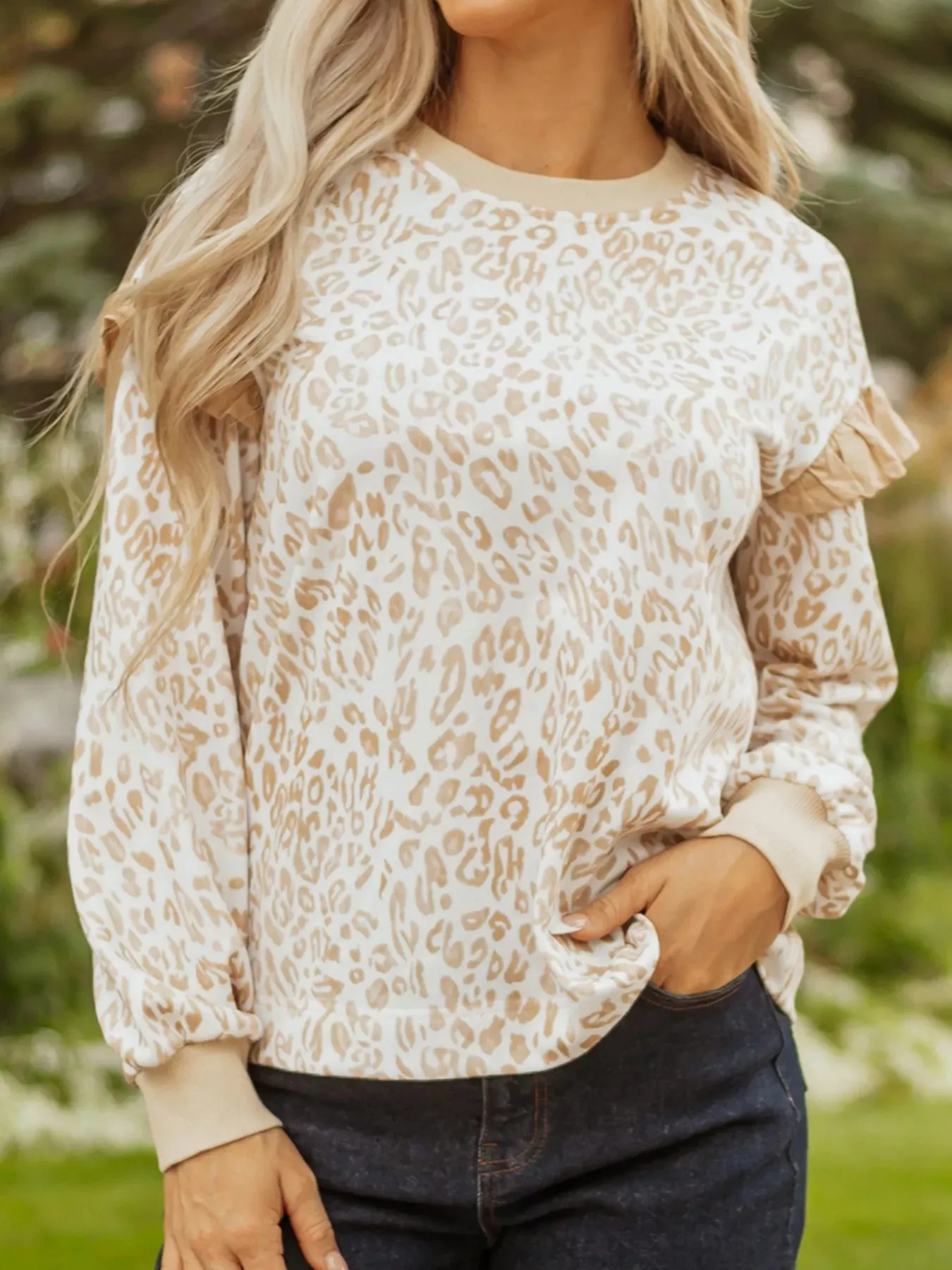 Leopard Ruffle Detail Ribbed Trim Round Neck Sweatshirt sold by Charming Charlie