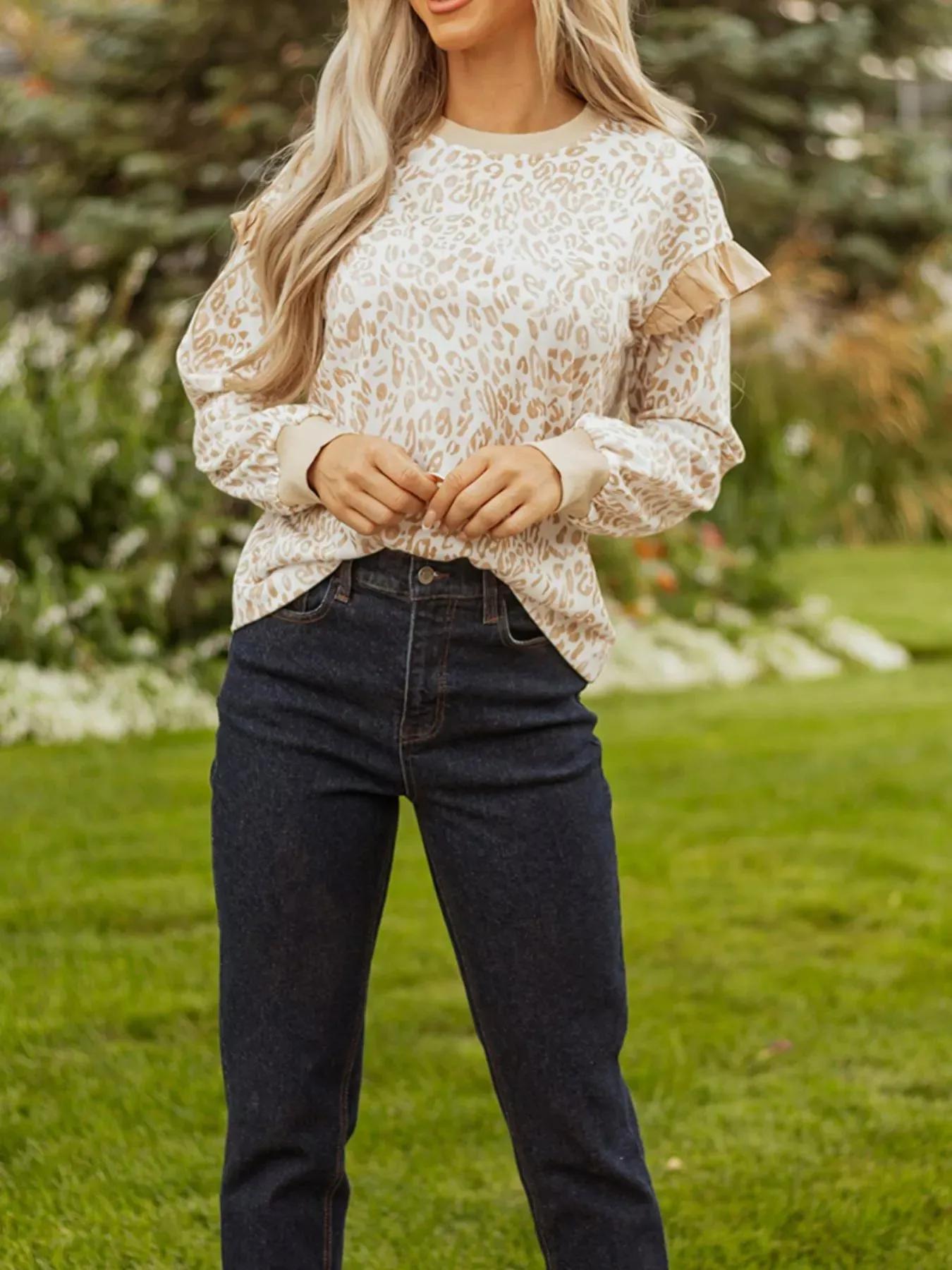 Leopard Ruffle Detail Ribbed Trim Round Neck Sweatshirt sold by Charming Charlie product image thumbnail 5