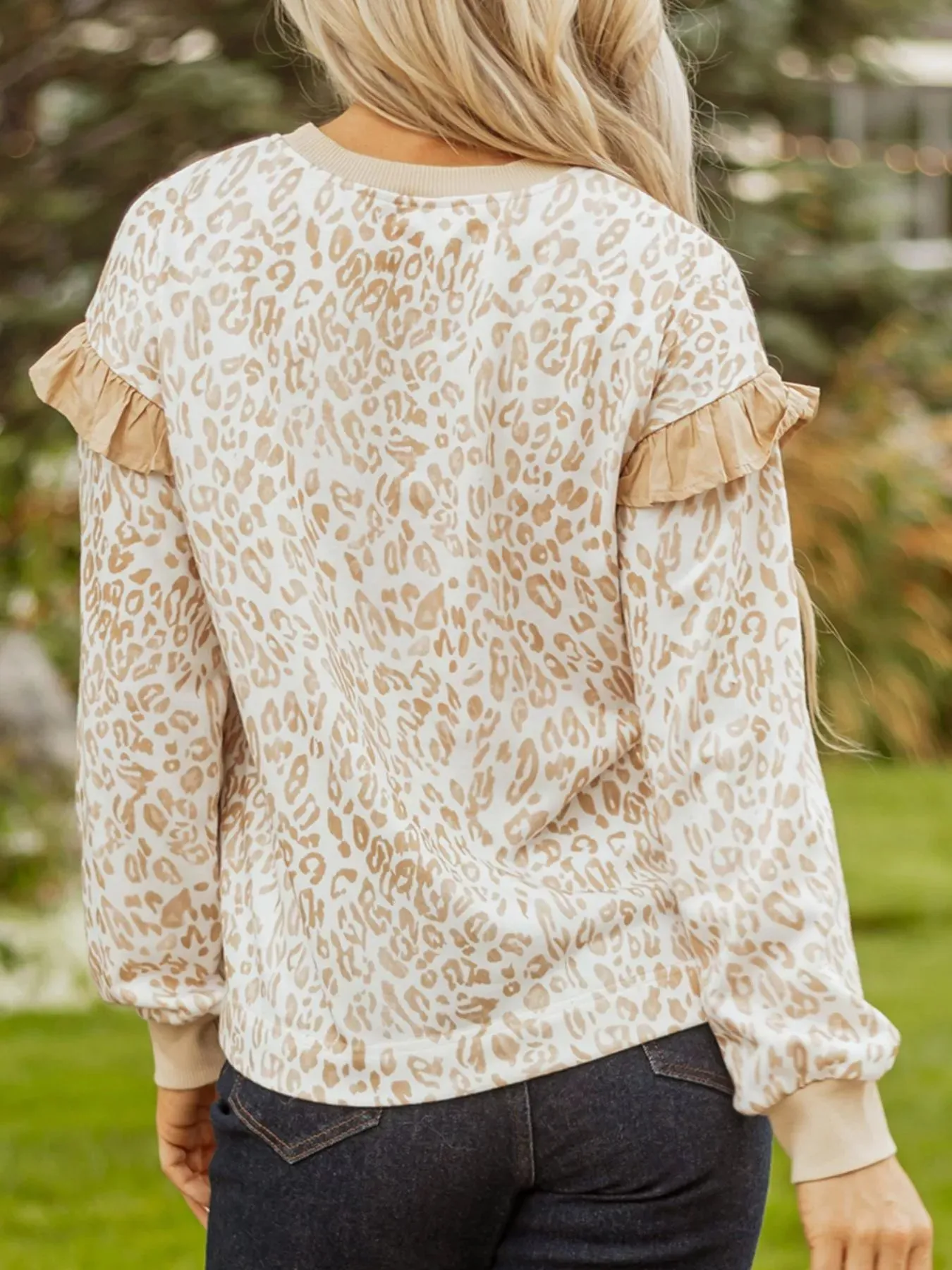 Leopard Ruffle Detail Ribbed Trim Round Neck Sweatshirt sold by Charming Charlie product image thumbnail 2