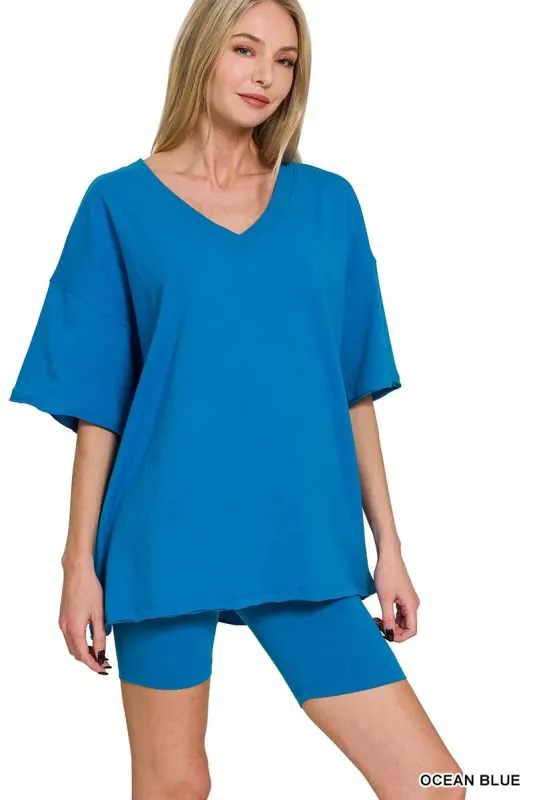 Zenana Cotton V-neck Top & Biker Shorts Set sold by Charming Charlie