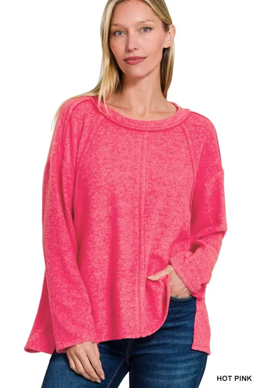 Zenana Brushed Hacci Exposed Seam Hi Low Sweater sold by Charming Charlie