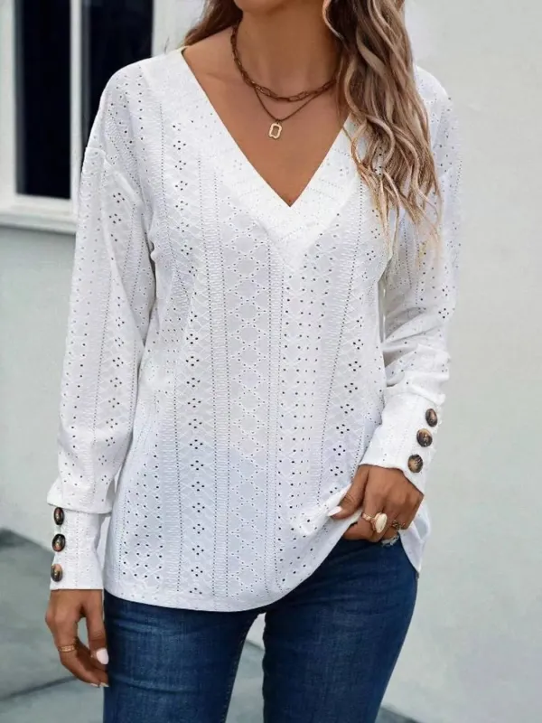 Eyelet V-Neck Long Sleeve Blouse sold by Charming Charlie