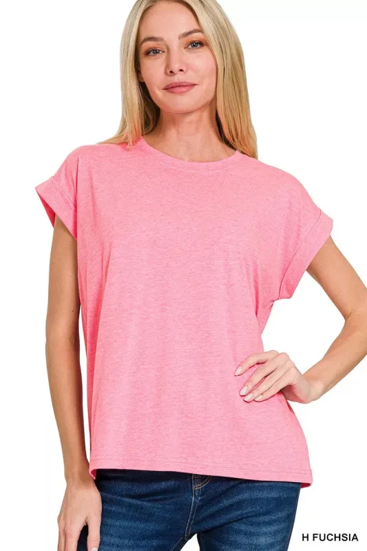 Zenana Round Neck Folded Short Sleeve T-Shirt sold by Charming Charlie