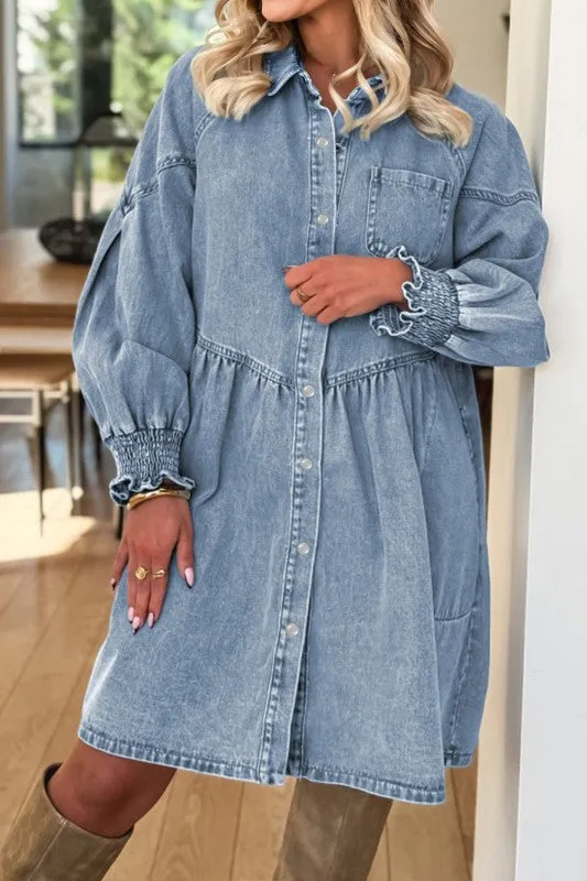 Denim Smocked Cuffs Shirt Mini Dress sold by Charming Charlie