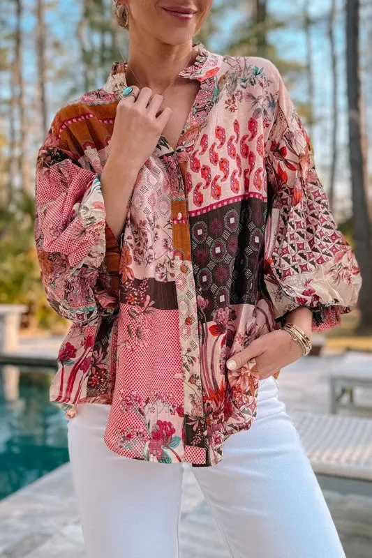 Red Boho Geometric Mixed Print Bubble Sleeve Shirt sold by Charming Charlie