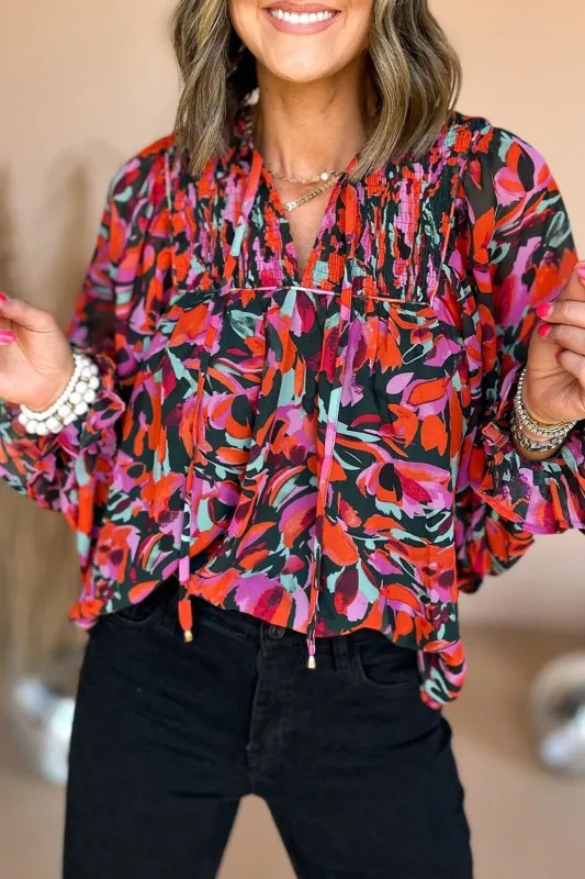 Abstract Floral Shirred Detail Puff Sleeve Blouse sold by Charming Charlie