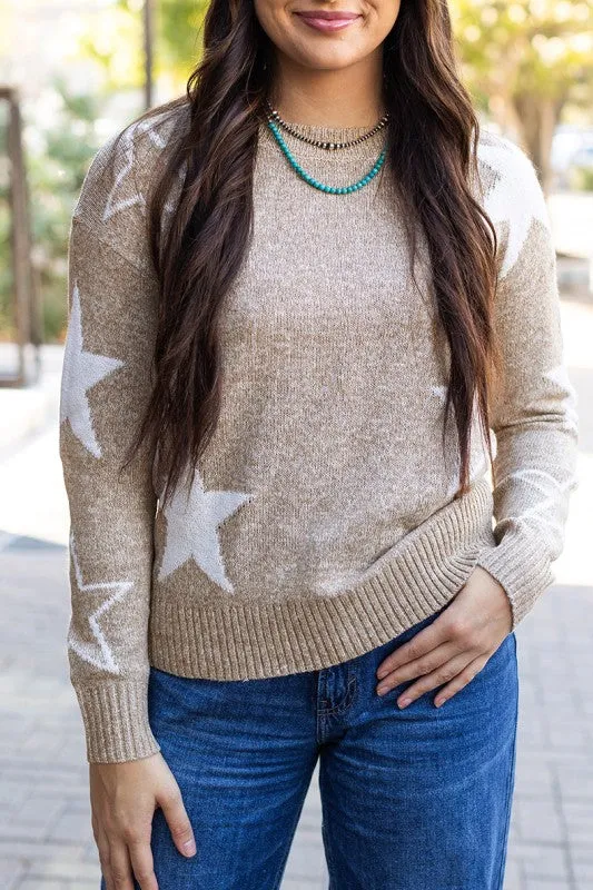 Khaki Star Pattern Drop Shoulder Sweater sold by Charming Charlie