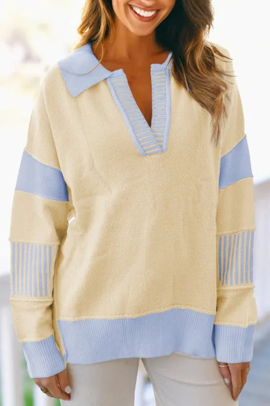 Stripe Colorblock Collared Drop Shoulder Sweater sold by Charming Charlie
