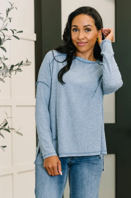 Mellow Mood Heathered Pullover in Dusty Blue sold by Charming Charlie
