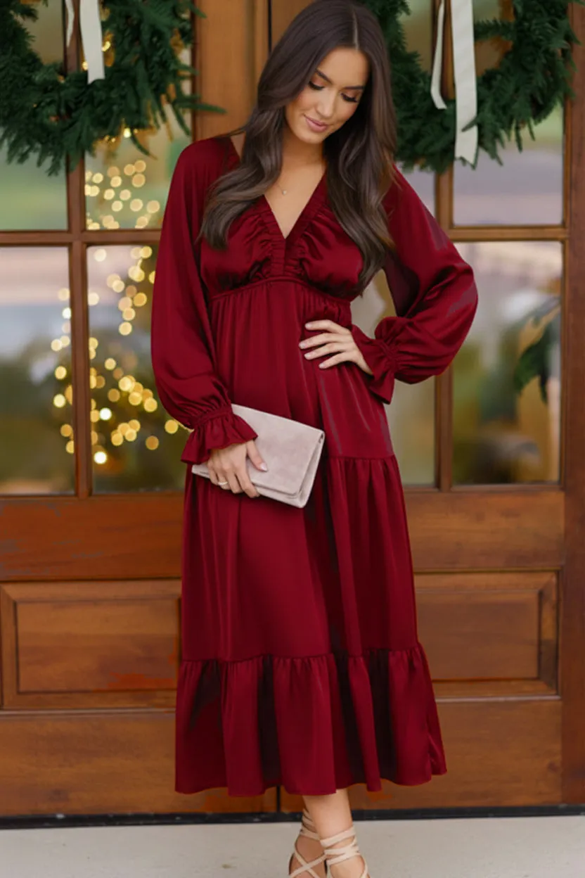 Goddess Grove Red Satin Maxi Dress sold by Charming Charlie