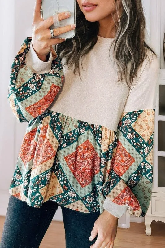 Paisley Geometric Patchwork Long Sleeve Top sold by Charming Charlie