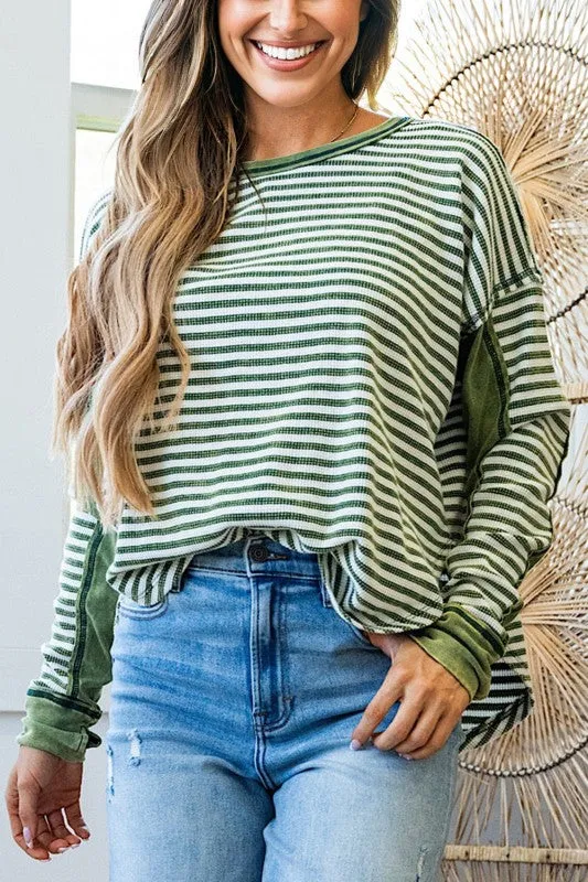 Stripe Thermal Knit Drop Shoulder Top sold by Charming Charlie