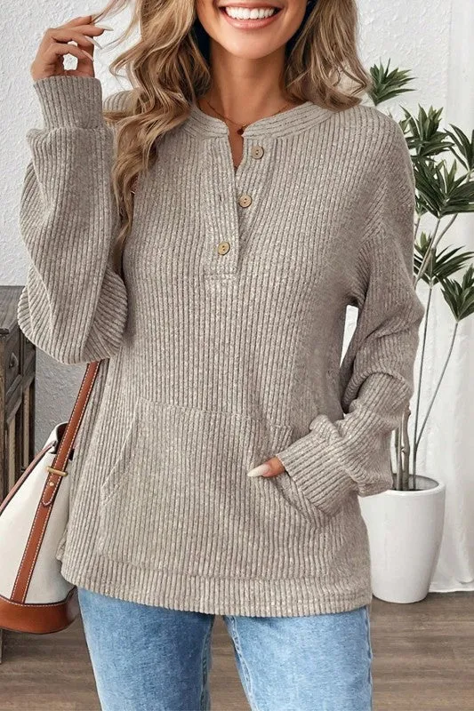 Solid Ribbed Knit Drop Shoulder Henley Top sold by Charming Charlie