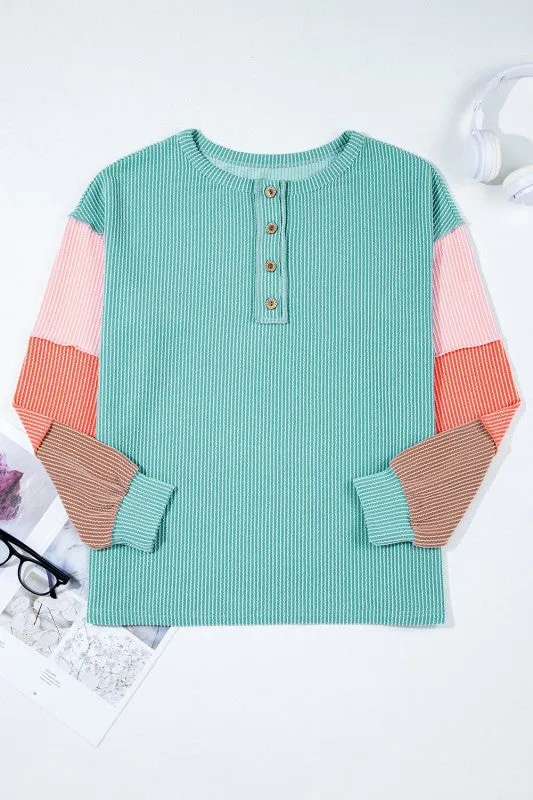 Colorblock Corded Knit Long Sleeve Henley Top sold by Charming Charlie product image thumbnail 3
