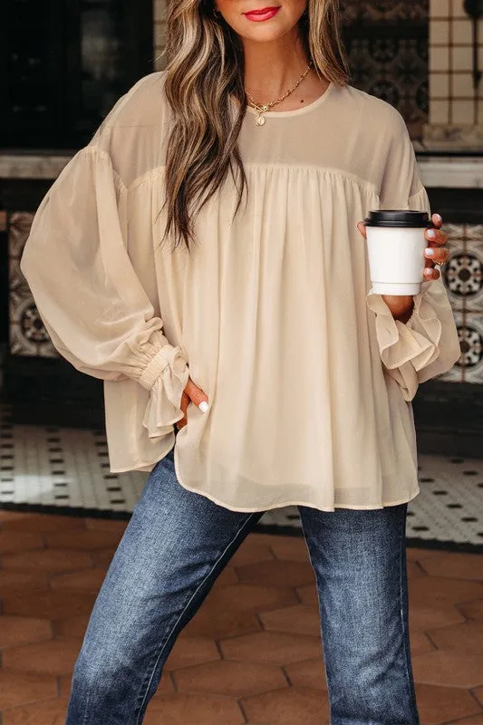Solid Chiffon Pleated Ruffle Long Sleeve Blouse sold by Charming Charlie