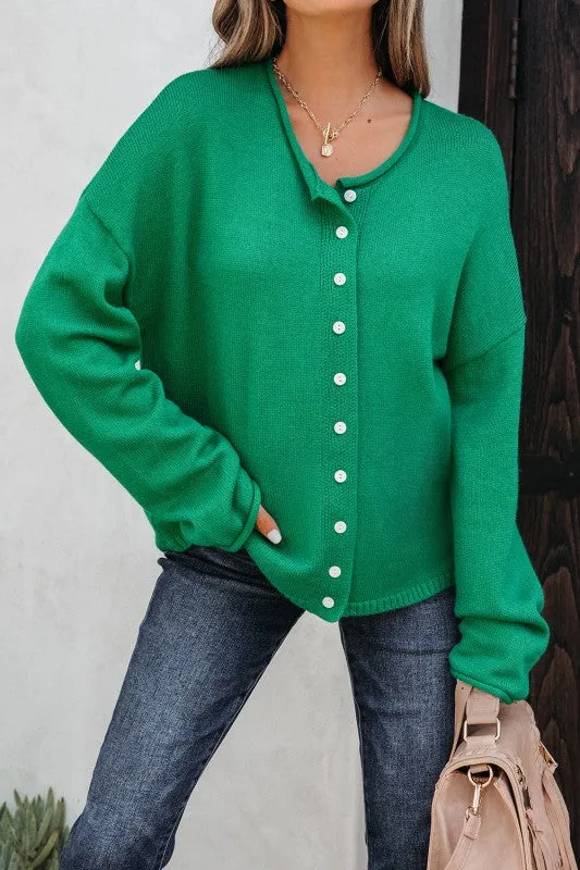 Solid Knit Button-Up Drop Shoulder Sweater Cardiga sold by Charming Charlie