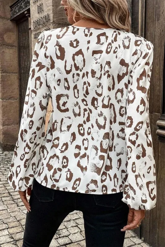 Khaki Leopard Print V Neck Balloon Sleeve Blouse sold by Charming Charlie product image thumbnail 4