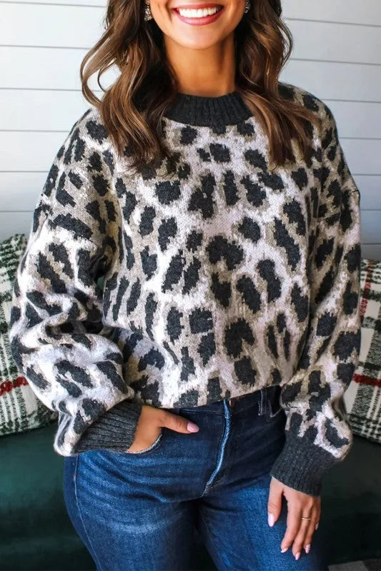 Leopard Contrast Trim Drop Shoulder Sweater sold by Charming Charlie
