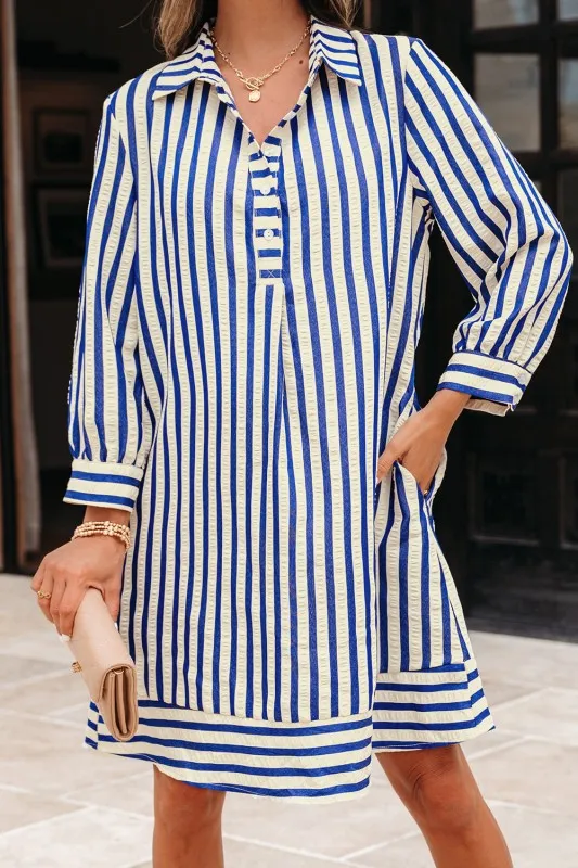 Stripe Buttoned Collar Side Pockets Mini Dress sold by Charming Charlie
