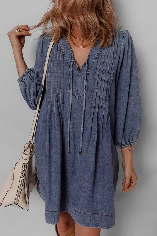 Denim 3/4 Sleeve Tied V-Neck Pleated Mini Dress sold by Charming Charlie product image thumbnail 5