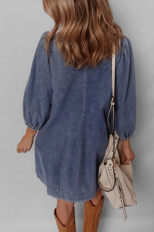 Denim 3/4 Sleeve Tied V-Neck Pleated Mini Dress sold by Charming Charlie product image thumbnail 4