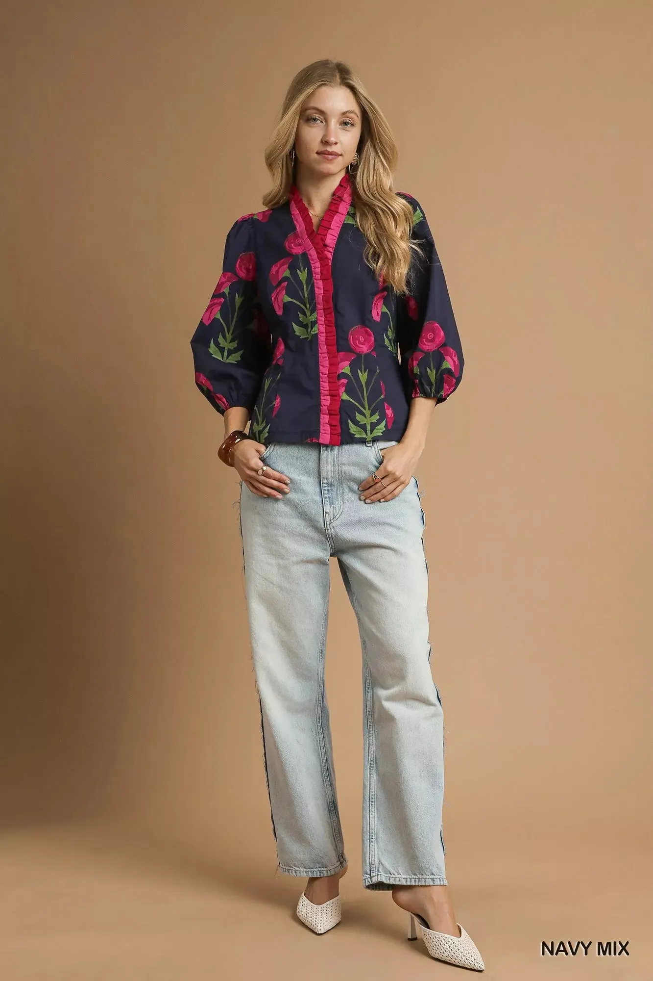 Umgee Floral Print Ruffle Trim Puff Sleeve Blouse sold by Charming Charlie product image thumbnail 5