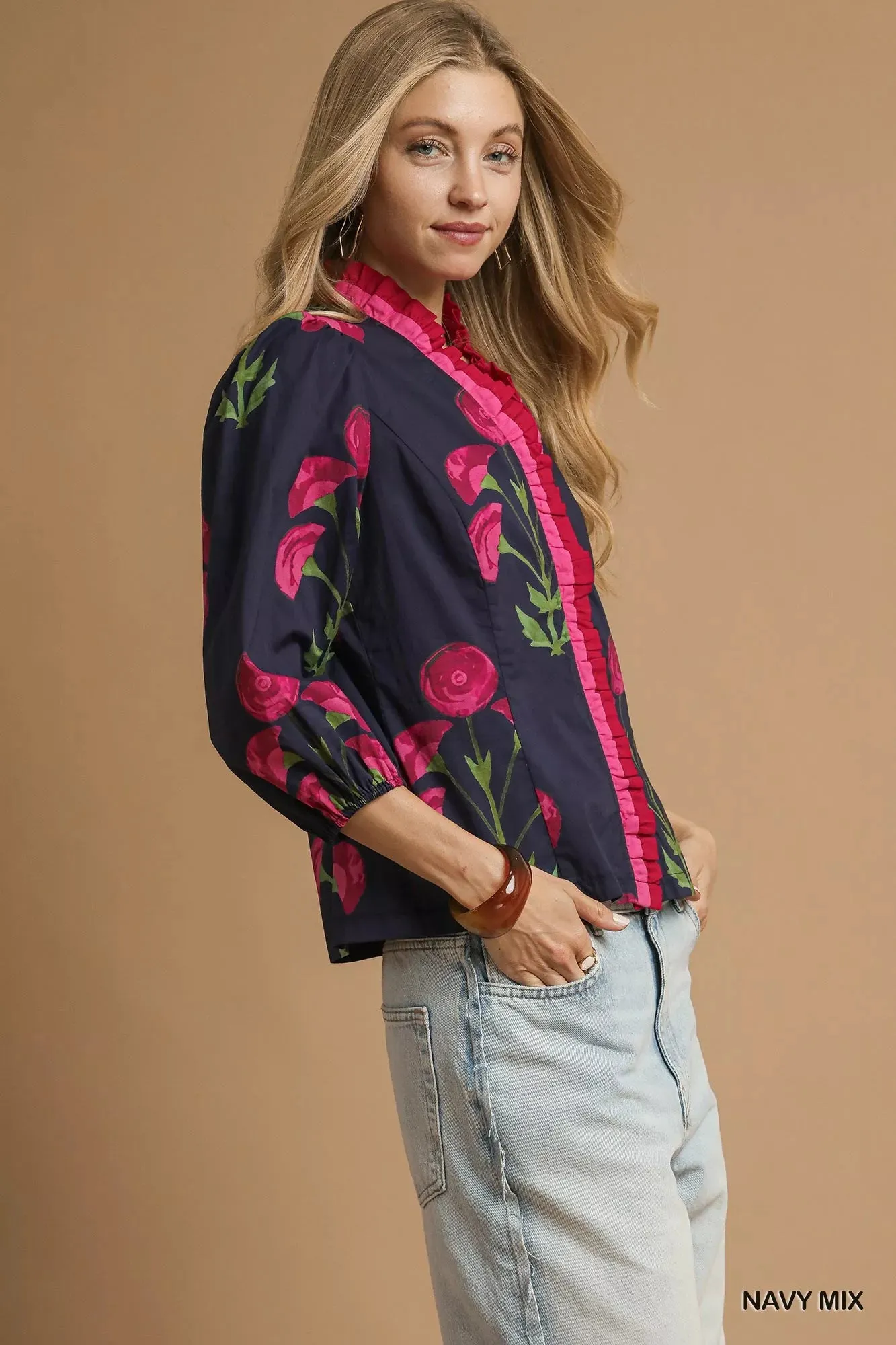 Umgee Floral Print Ruffle Trim Puff Sleeve Blouse sold by Charming Charlie product image thumbnail 3