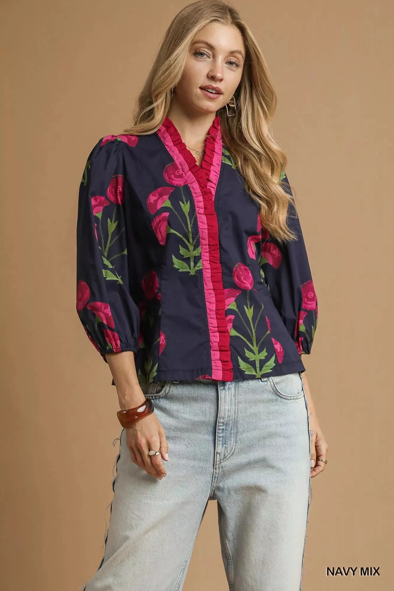 Umgee Floral Print Ruffle Trim Puff Sleeve Blouse sold by Charming Charlie