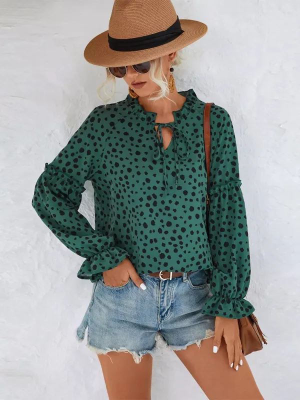 Animal Print Tie Neck Flounce Sleeve Blouse sold by Charming Charlie