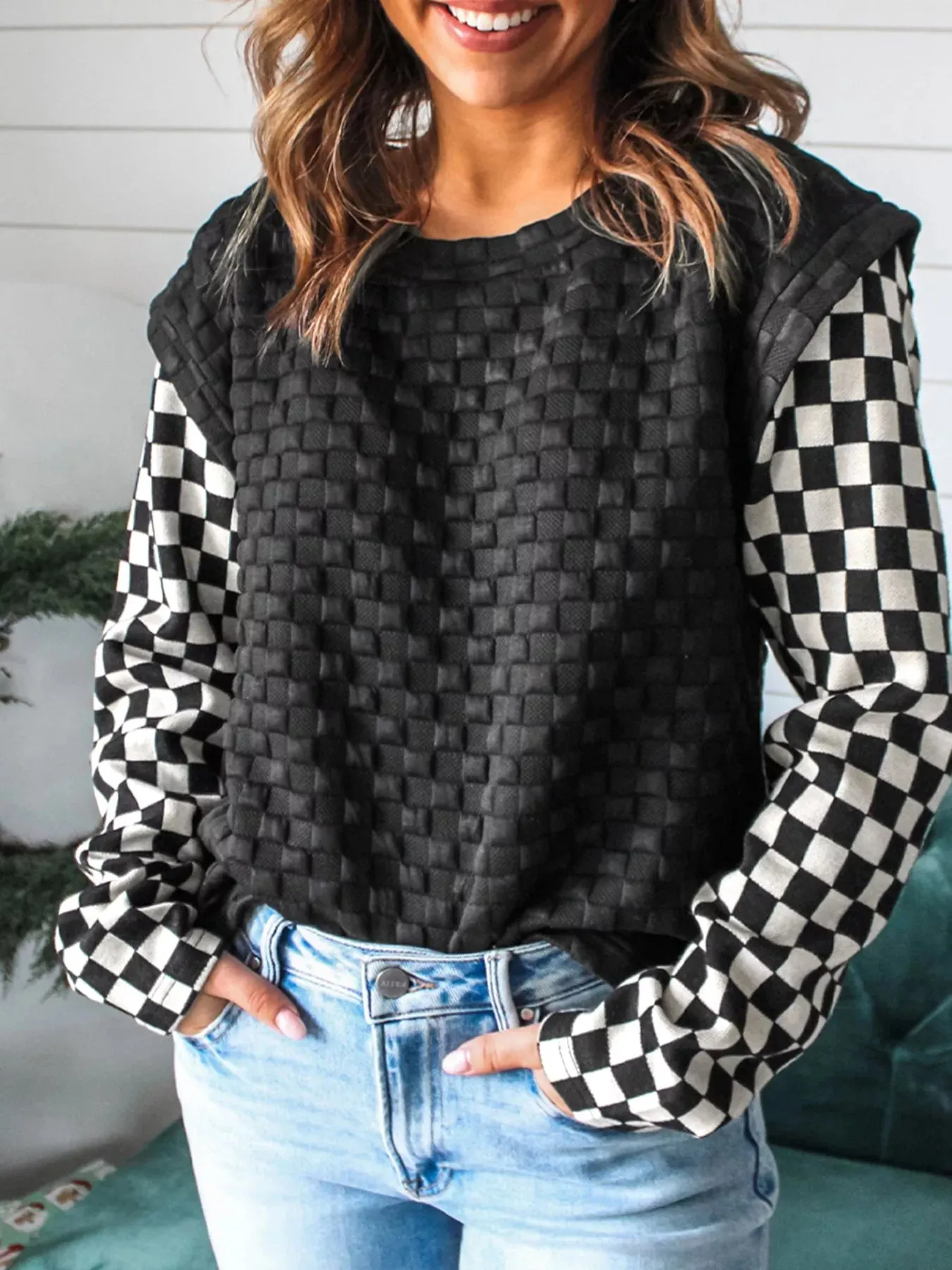 Textured Contrast Checkered Patchwork Long Sleeve Top sold by Charming Charlie product image thumbnail 3