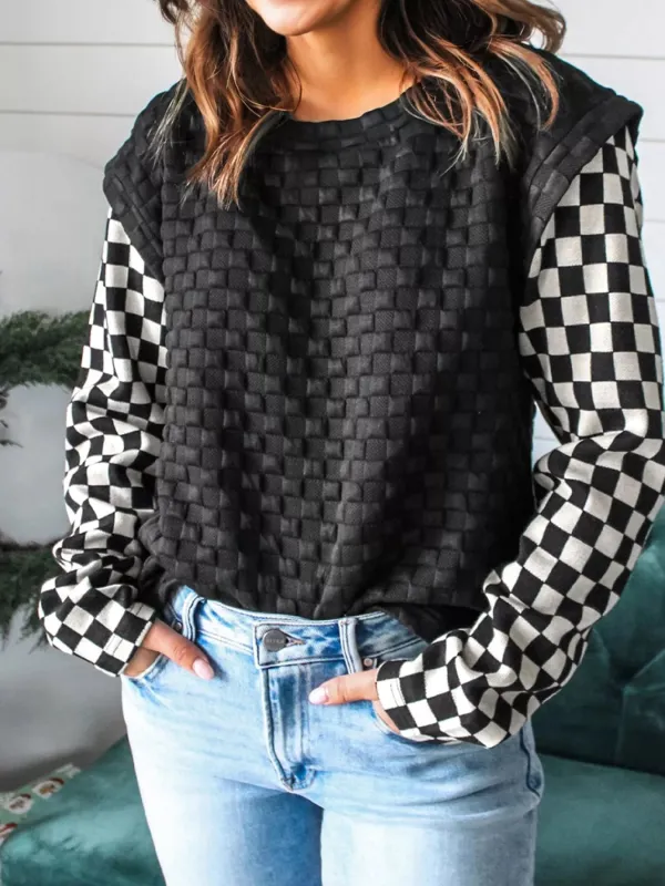 Textured Contrast Checkered Patchwork Long Sleeve Top sold by Charming Charlie