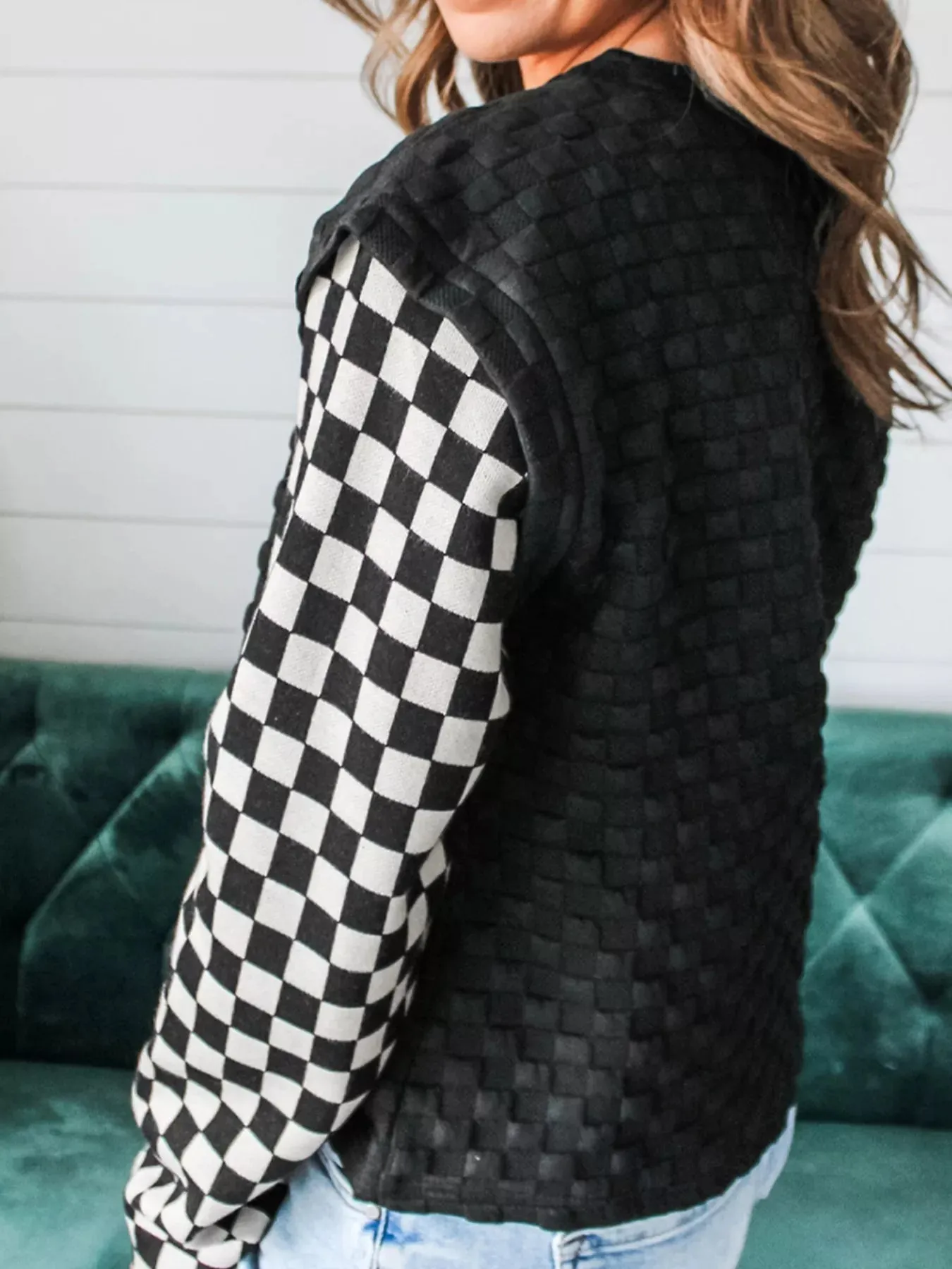 Textured Contrast Checkered Patchwork Long Sleeve Top sold by Charming Charlie product image thumbnail 2