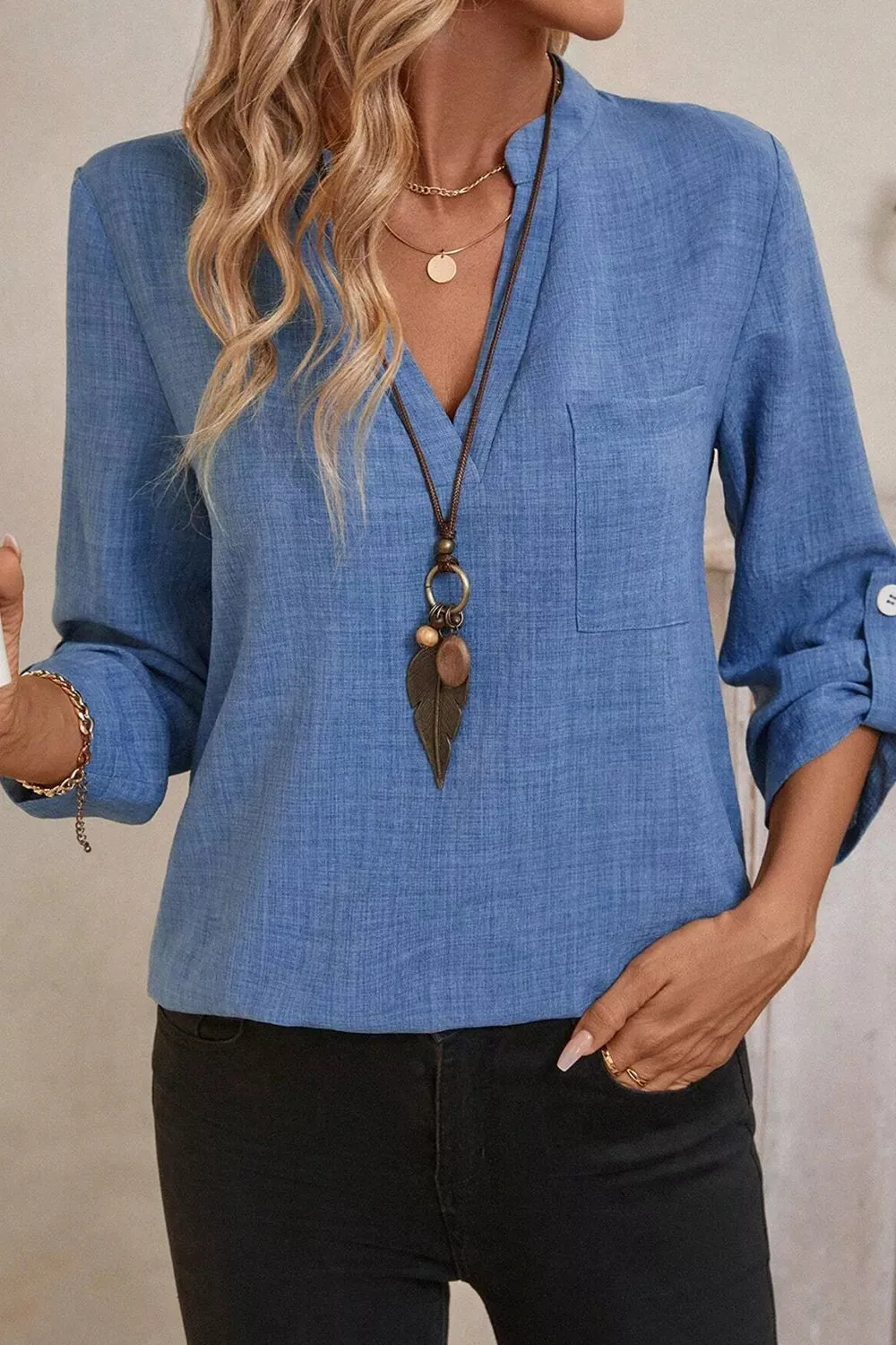 Casual Roll-Up Sleeve Notched Blouse sold by Charming Charlie product image thumbnail 4