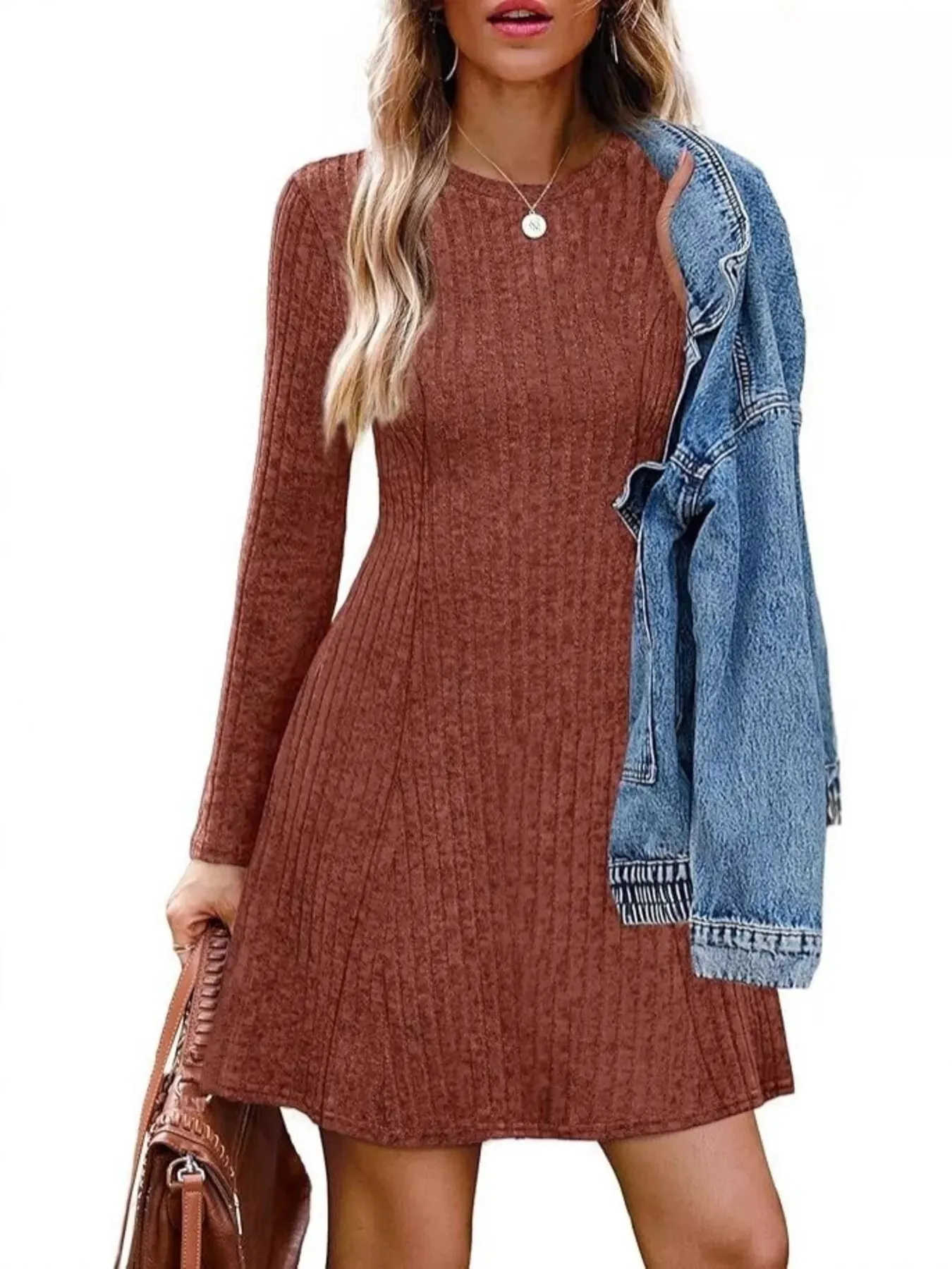 Ribbed Knit Long Sleeve A-Line Dress sold by Charming Charlie