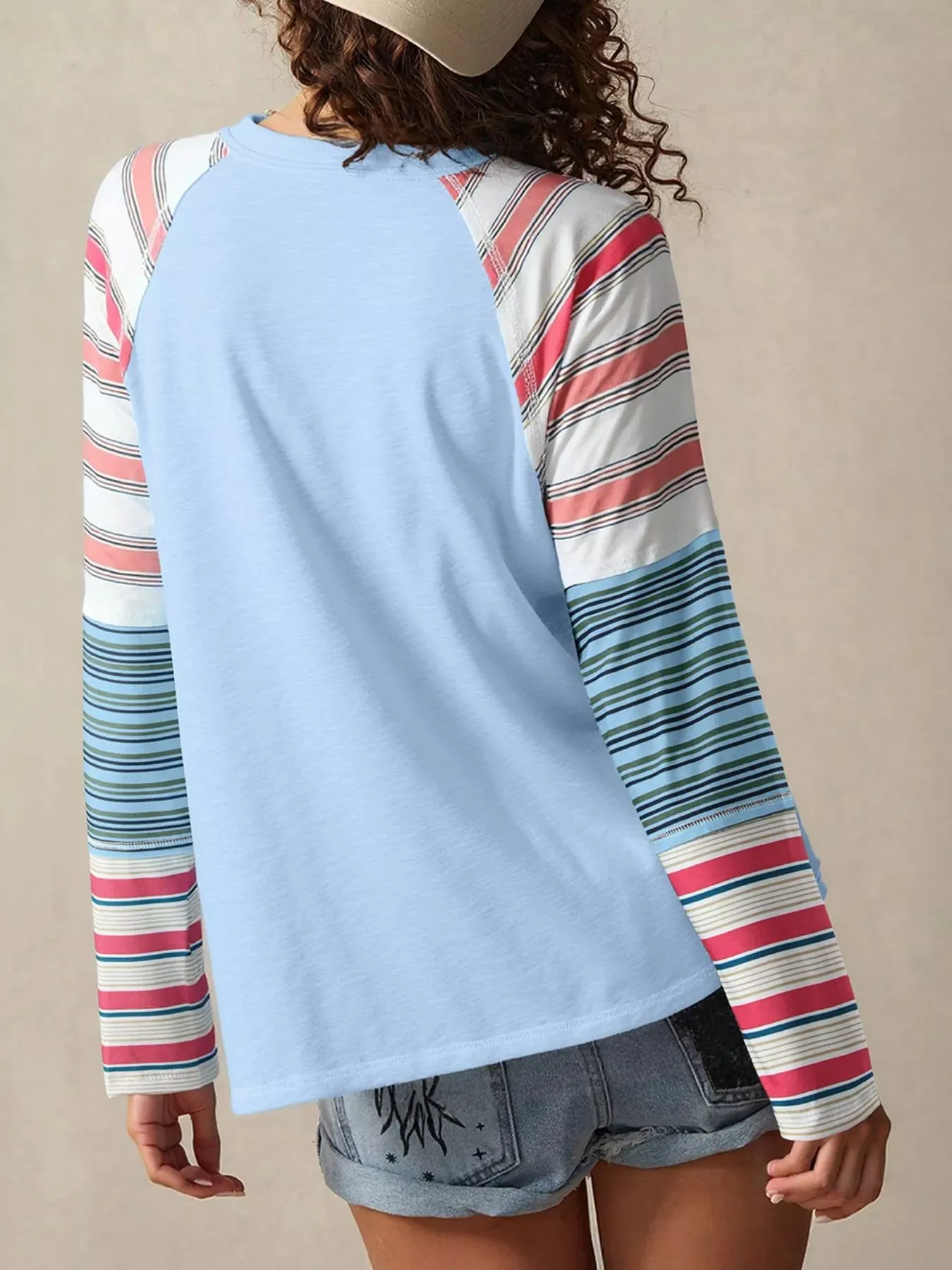 Color Block Round Neck Exposed Seam Patchwork Striped Long Sleeve Top sold by Charming Charlie product image thumbnail 2