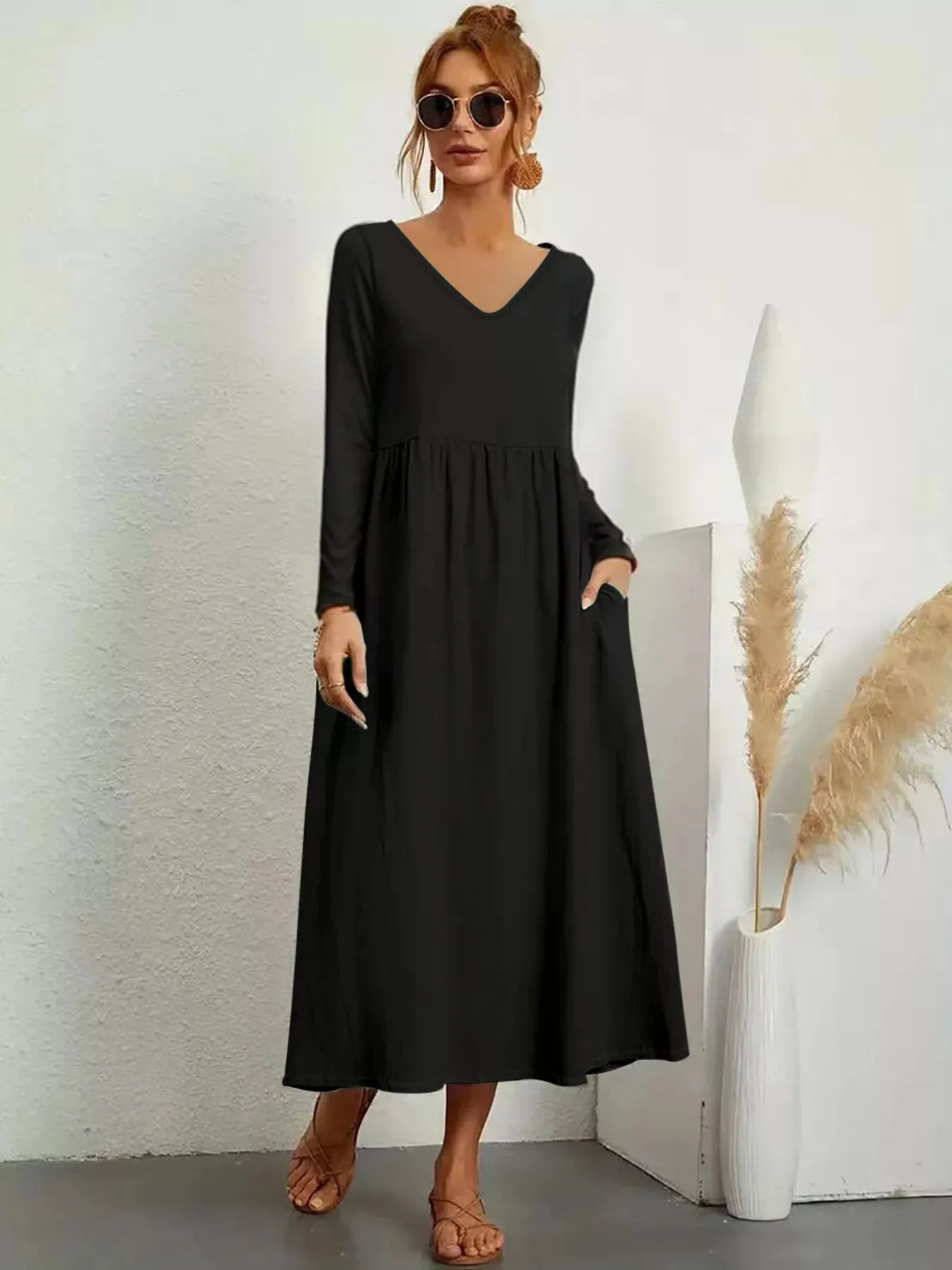 V-Neck Long Sleeve Pocketed Midi Dress sold by Charming Charlie product image thumbnail 2