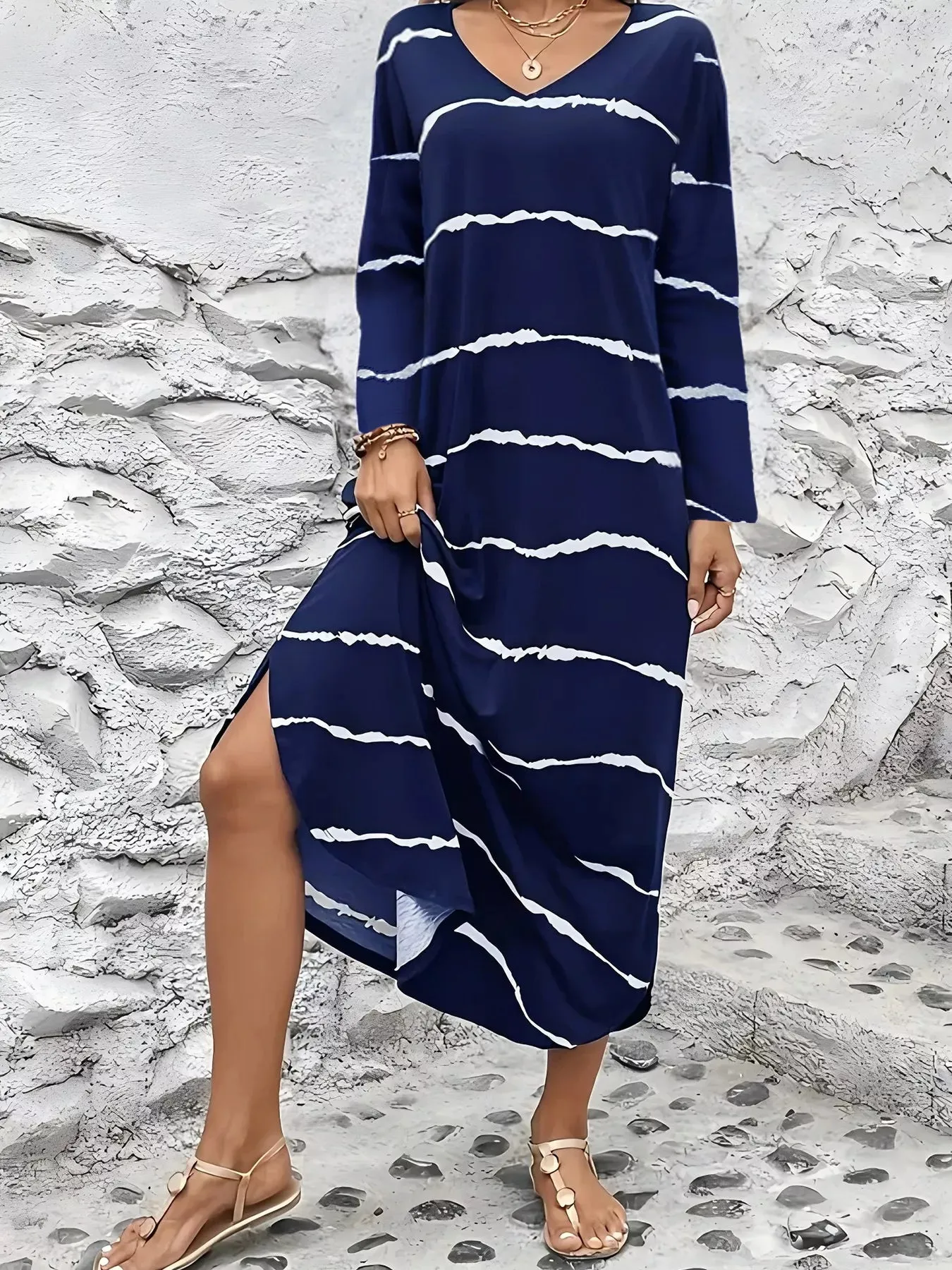Striped V-Neck Long Sleeve Casual Maxi Dress sold by Charming Charlie product image thumbnail 3