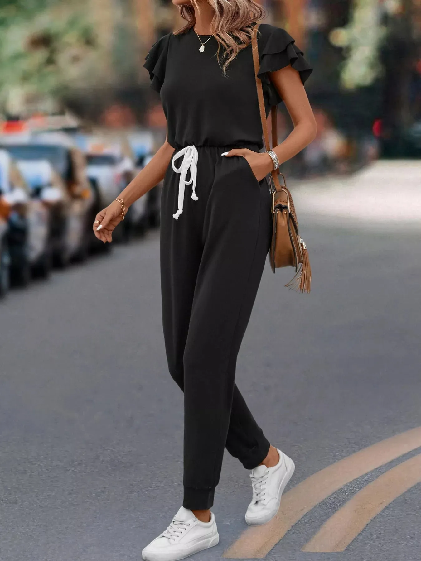 Ruffle Sleeve Drawstring Waist Casual Jumpsuit sold by Charming Charlie product image thumbnail 4