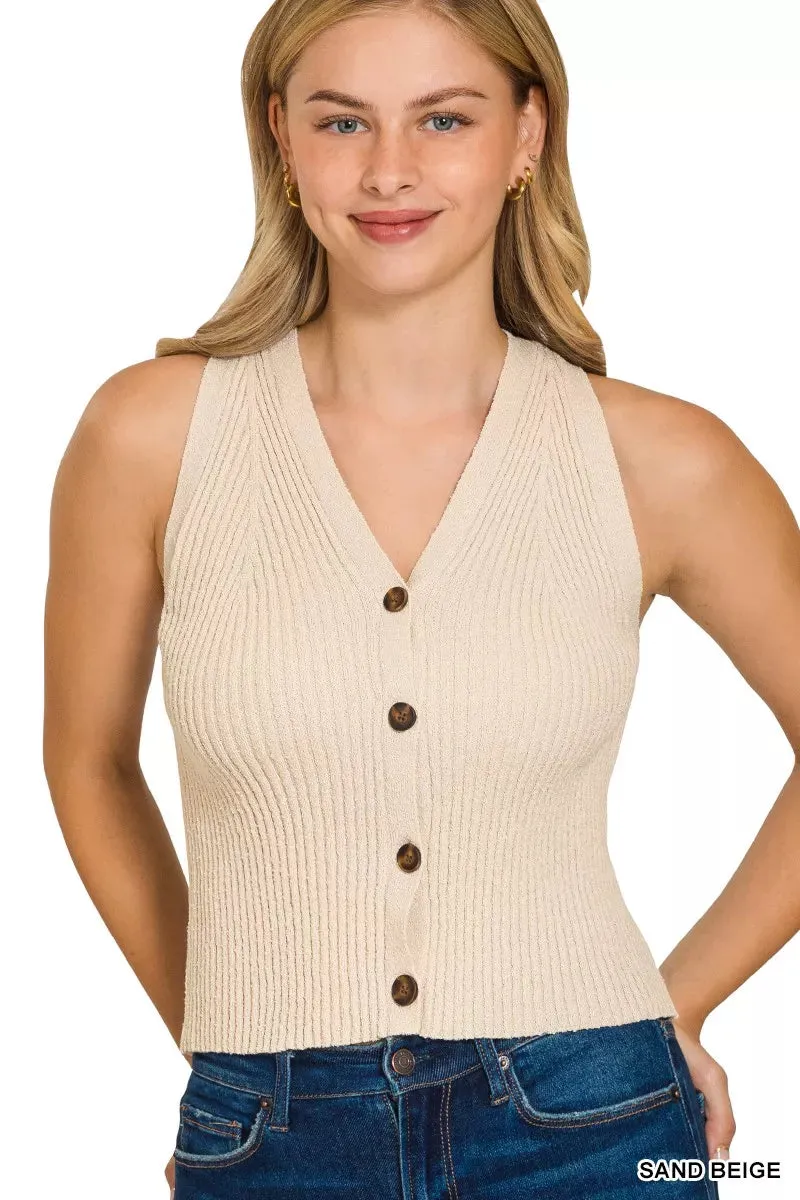 Zenana Ribbed Knit Button-Down Sweater Vest sold by Charming Charlie