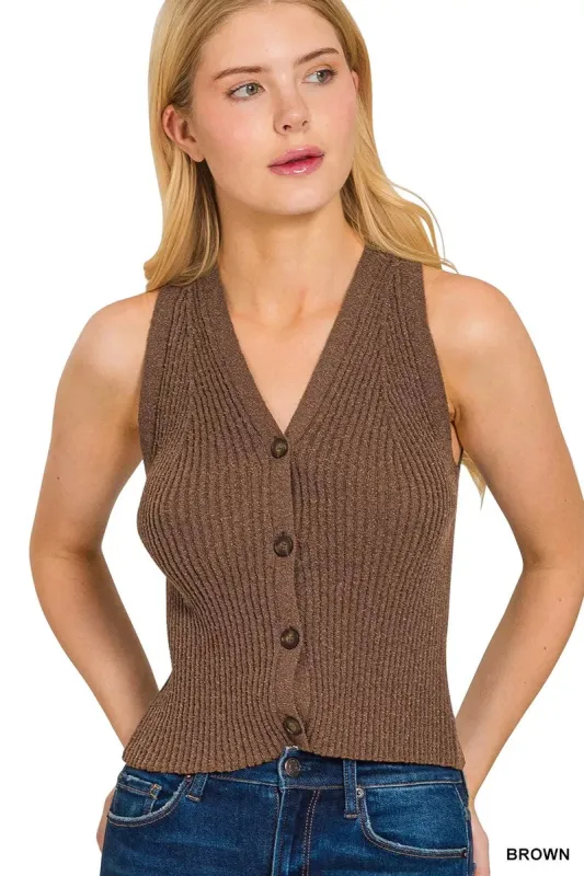 Zenana Ribbed Knit Button-Down Sweater Vest sold by Charming Charlie