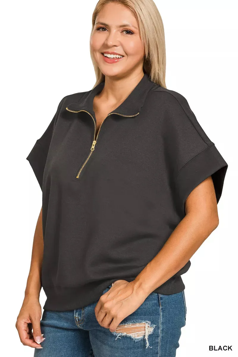 Zenana Full Size Scuba High Neck Half Zip Short Sleeve Top Plus Size sold by Charming Charlie product image thumbnail 4