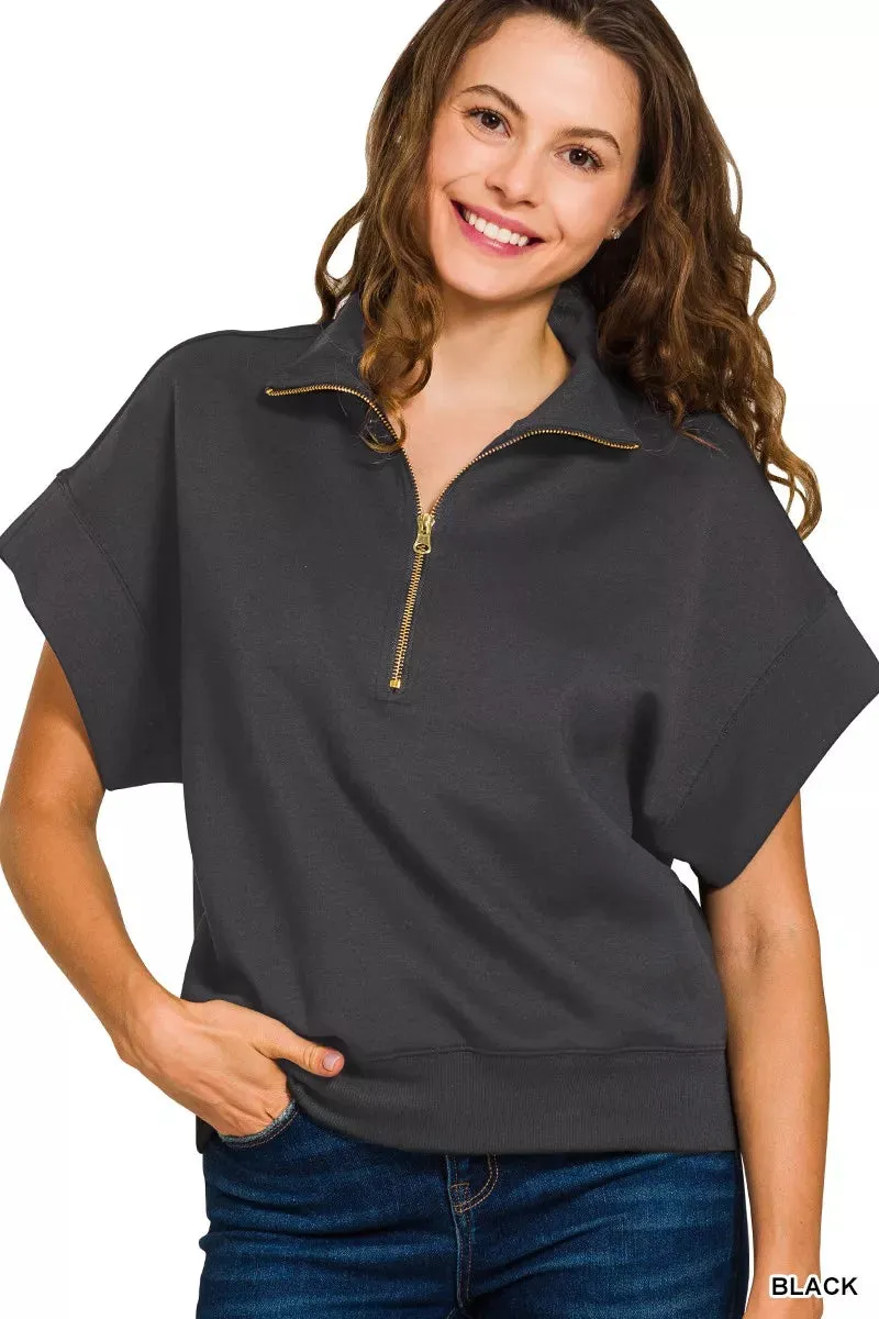 Zenana Full Size Scuba High Neck Half Zip Short Sleeve Top Plus Size sold by Charming Charlie