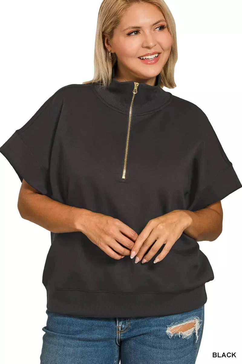Zenana Full Size Scuba High Neck Half Zip Short Sleeve Top Plus Size sold by Charming Charlie product image thumbnail 5
