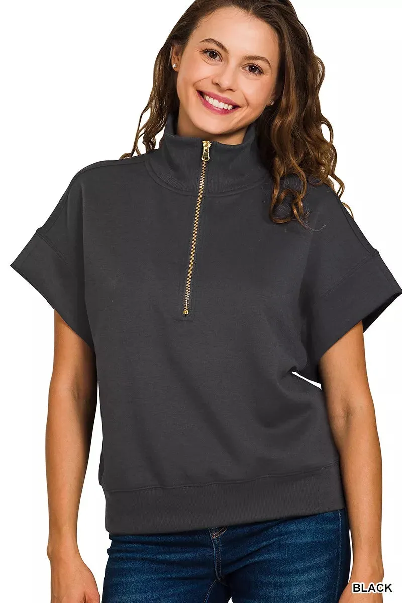 Zenana Full Size Scuba High Neck Half Zip Short Sleeve Top Plus Size sold by Charming Charlie product image thumbnail 2